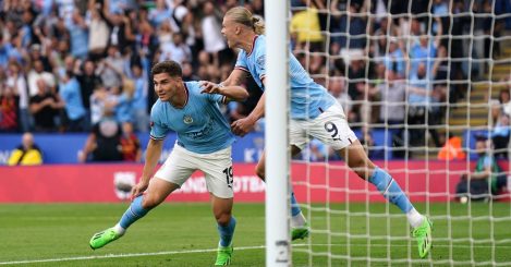 Man City striker Julian Alvarez runs off to celebrate after scoring a goal