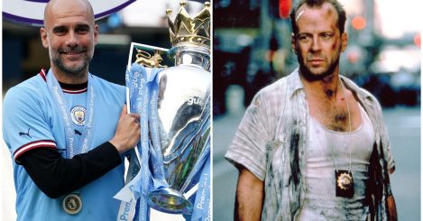 Manchester City manager Pep Guardiola alongside an image of Die Hard character John McClane.